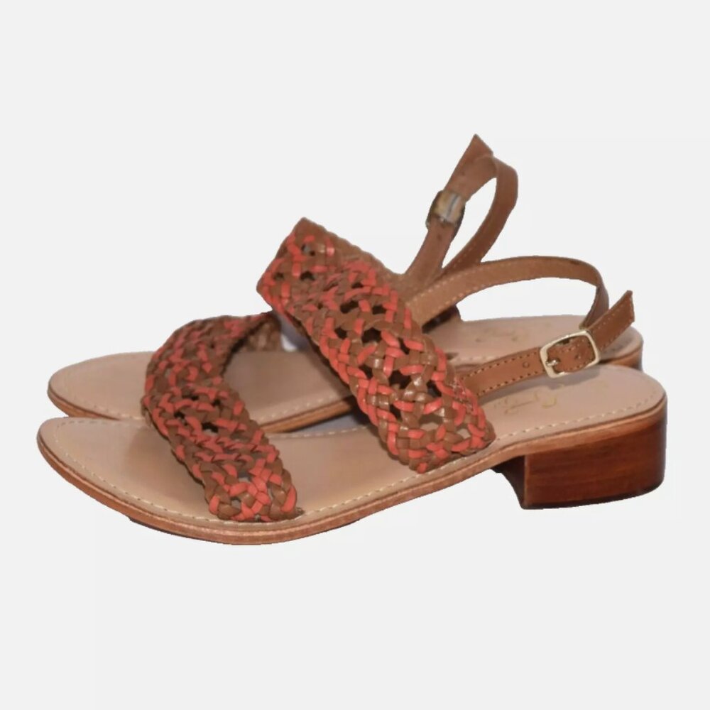 Bos. & Co. Leather Braided Brown Orange Ankle Strap Block Heel Sandals Size 9